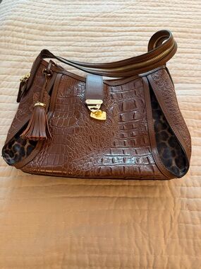 Brown Croc-Embossed Leather Shoulder Bag with Tassel